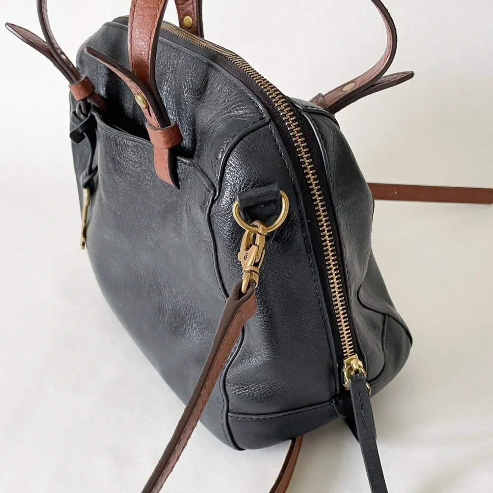 Fossil 100% Leather Black and Cognac Rachel Satchel Purse - Picture 4 of 7